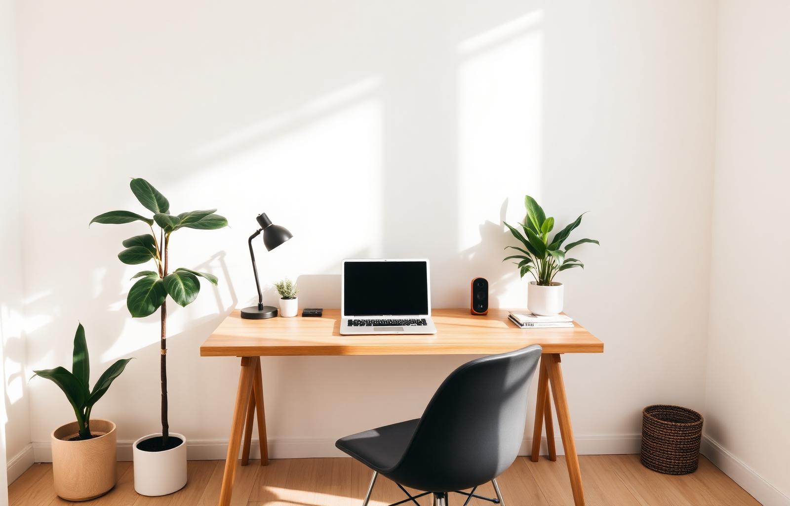 A bright, minimalist home workspace with plants and natural light